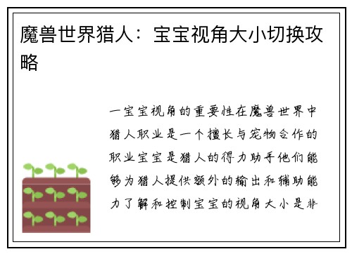 魔兽世界猎人：宝宝视角大小切换攻略