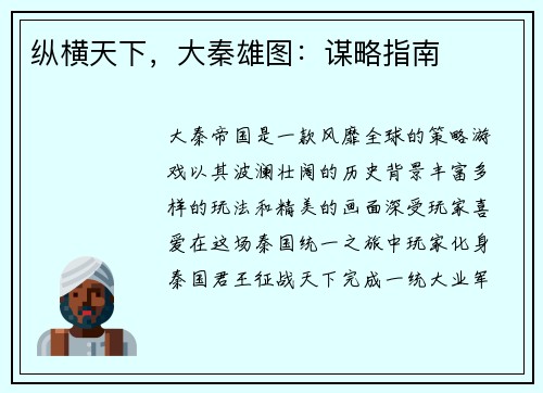 纵横天下，大秦雄图：谋略指南